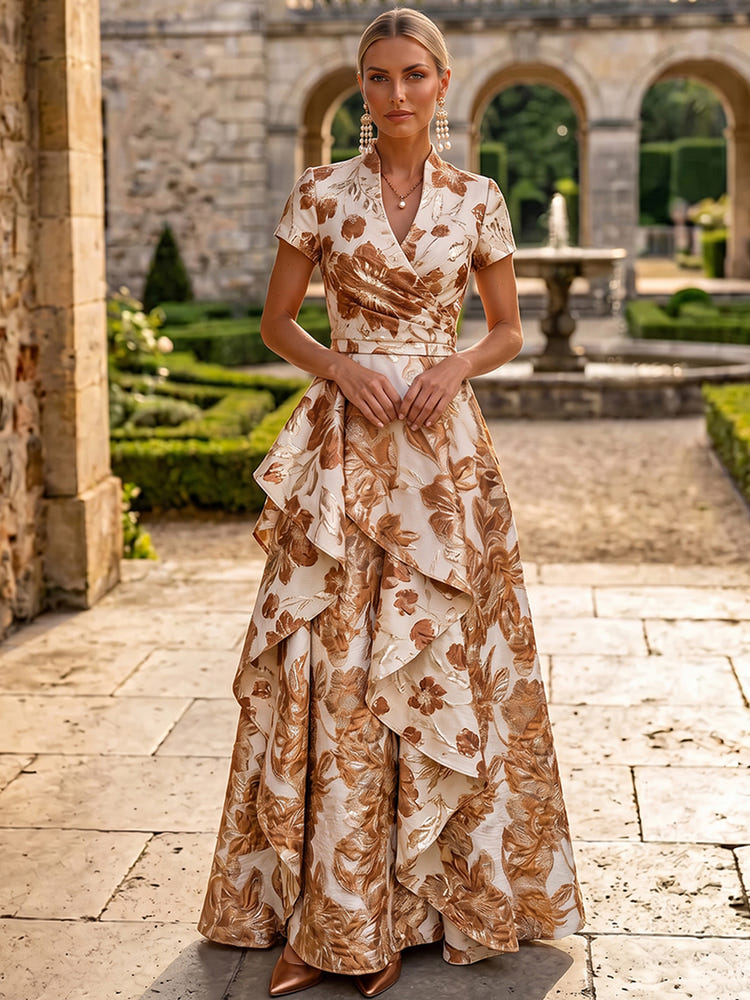 Jacquard A-Line Stand Collar Maxi Formal Dresses with Ruffles