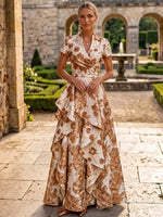 Jacquard A-Line Stand Collar Maxi Formal Dresses with Ruffles