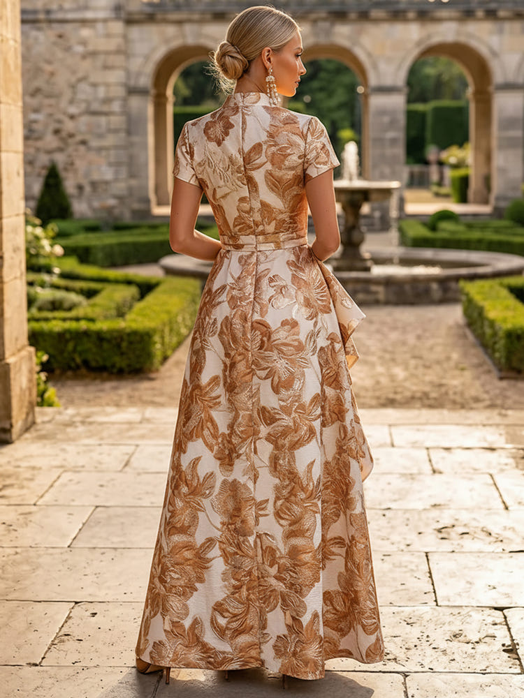 Jacquard A-Line Stand Collar Maxi Formal Dresses with Ruffles