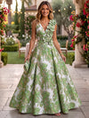Jacquard A-Line V Neck Maxi Formal Dresses with 3D Flowers