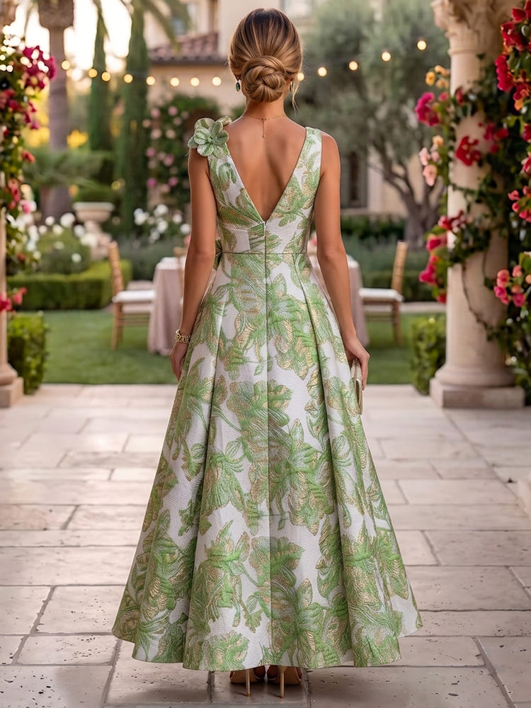 Jacquard A-Line V Neck Maxi Formal Dresses with 3D Flowers