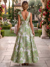 Jacquard A-Line V Neck Maxi Formal Dresses with 3D Flowers