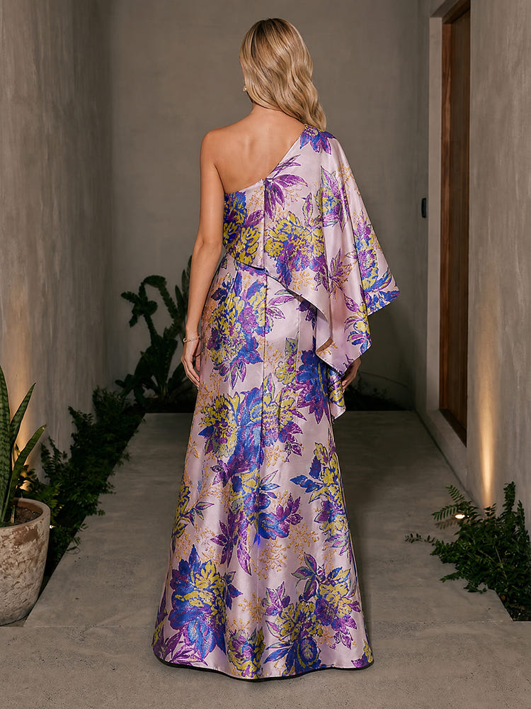 Jacquard A-Line One Shoulder Maxi Formal Dresses with Ruffles