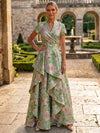 Jacquard A-Line Stand Collar Maxi Formal Dresses with Ruffles