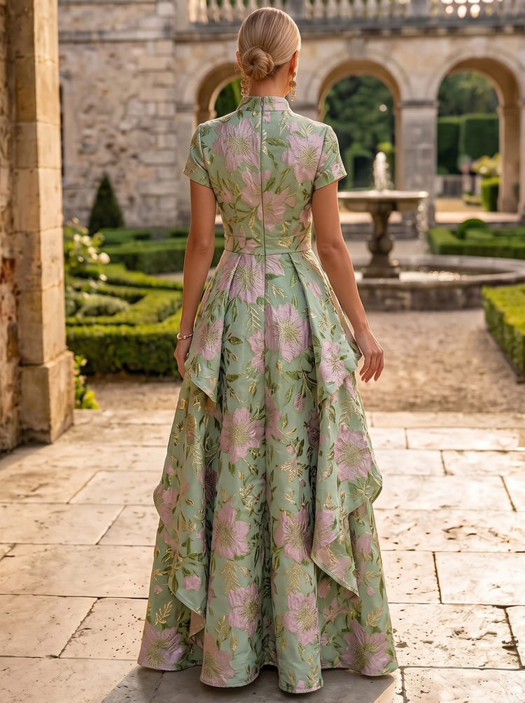 Jacquard A-Line Stand Collar Maxi Formal Dresses with Ruffles