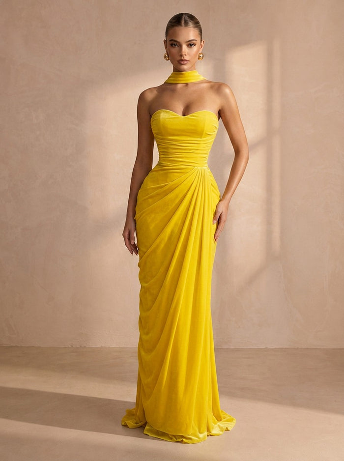 Chiffon Mermaid Strapless Maxi Formal Dresses with Side Waist Ruched