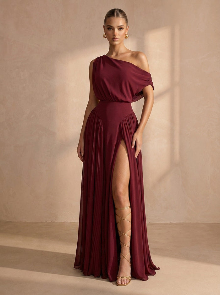 Chiffon A-Line One Shoulder Maxi Formal Dresses with Side Slit