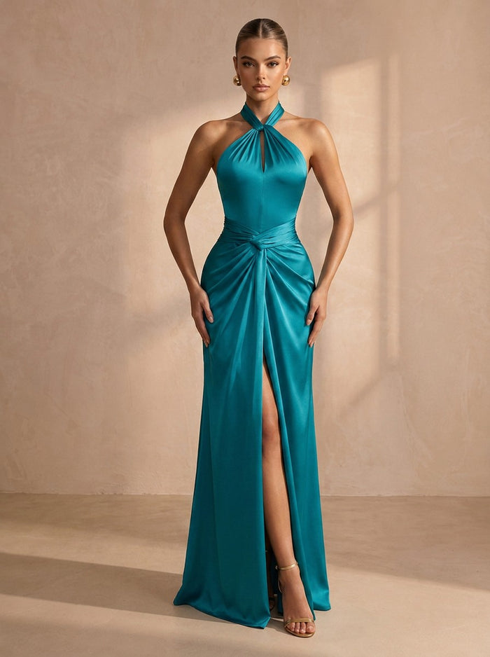 Satin Mermaid Halter Maxi Formal Dresses with Twisted Knot