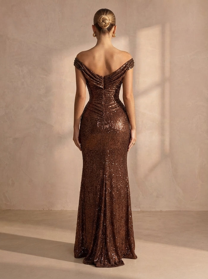 Sequins Mermaid Off Shoulder Maxi Formal Dresses with Ruched