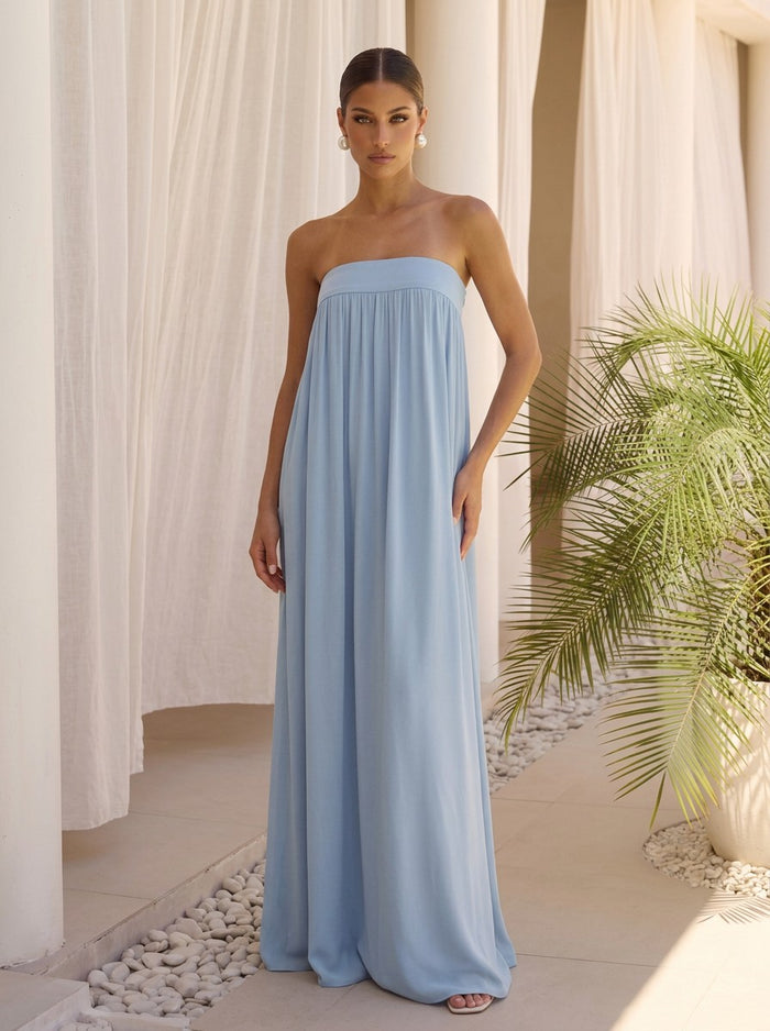Jersey A-Line Strapless Maxi Formal Dresses with Pleated