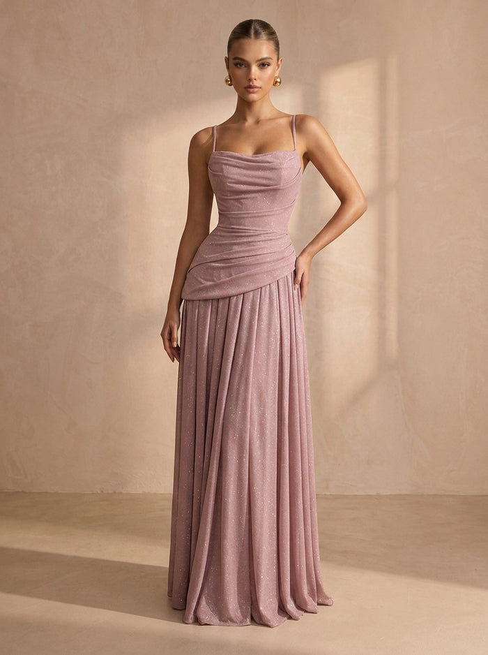 Mesh A-Line Spaghetti Straps Maxi Formal Dresses with Delicate Pleated