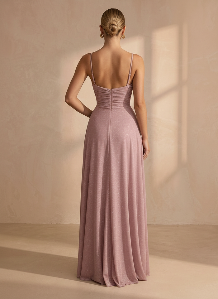 Mesh A-Line Spaghetti Straps Maxi Formal Dresses with Delicate Pleated