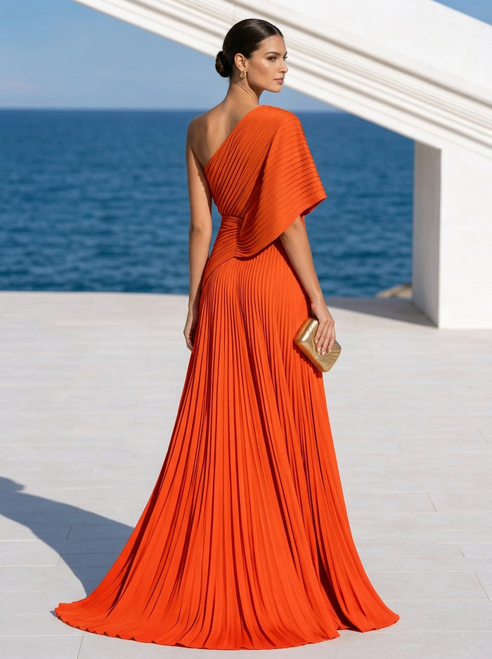 Chiffon A-Line One Shoulder Maxi Formal Dresses with Delicate Pleated