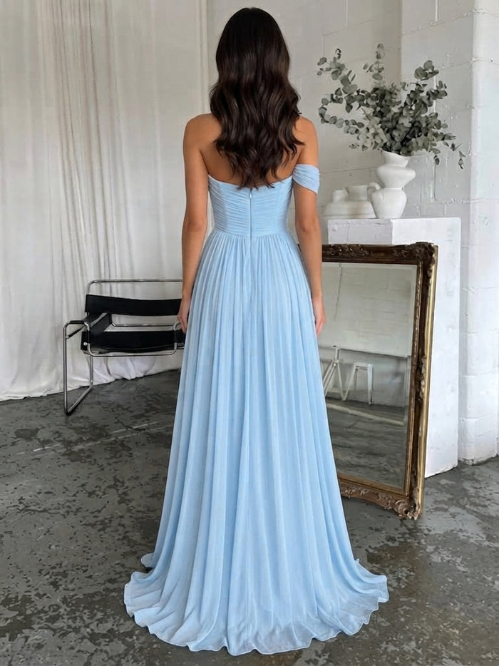 Chiffon A-Line Off Shoulder Maxi Formal Dresses with Delicate Pleated
