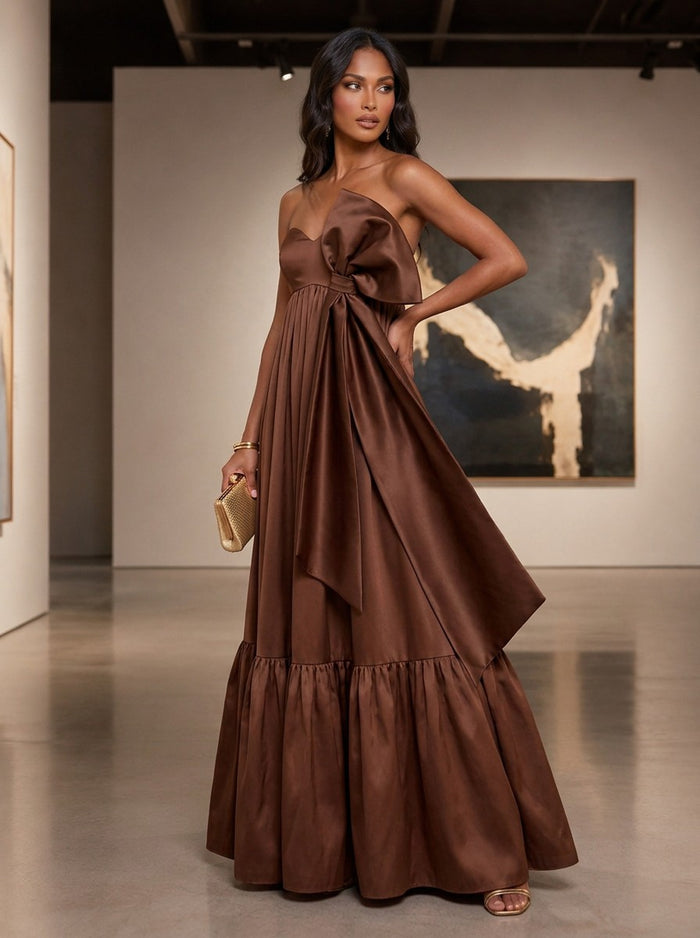 Satin A-Line Strapless Maxi Formal Dresses with Oversized Bow