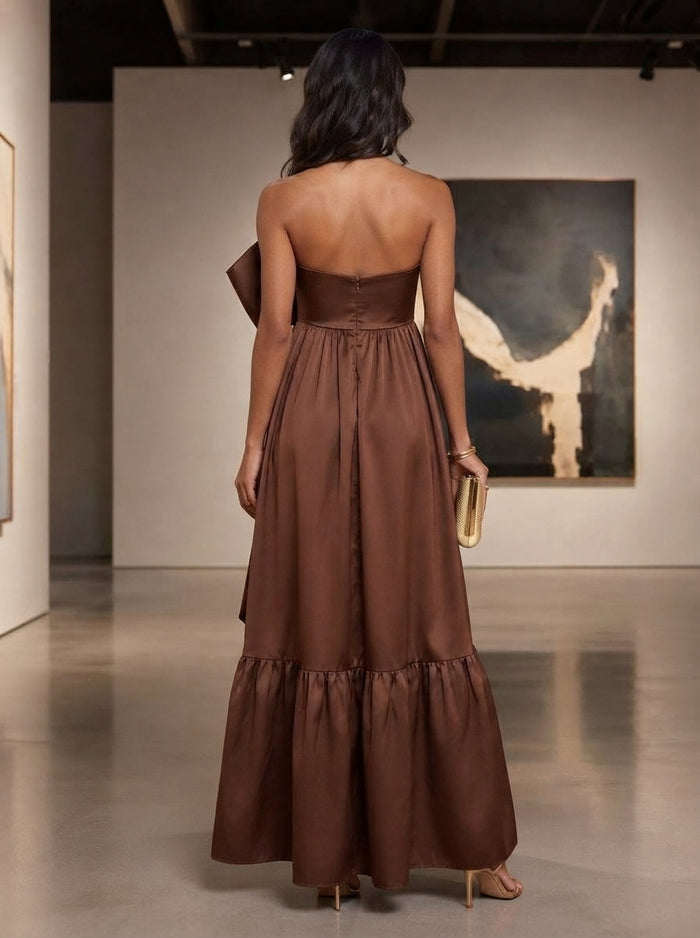 Satin A-Line Strapless Maxi Formal Dresses with Oversized Bow