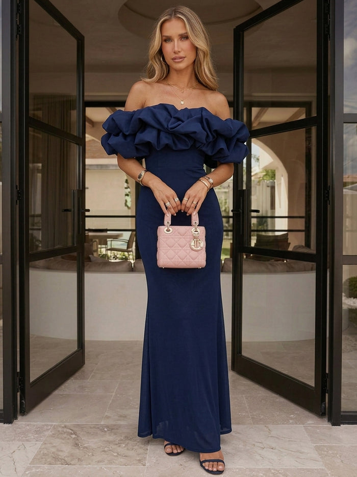 Chiffon Mermaid Off Shoulder Maxi Formal Dresses with Ruffles