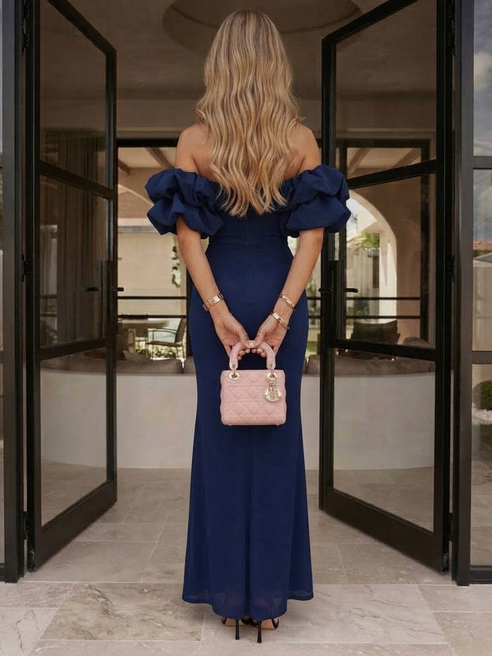 Chiffon Mermaid Off Shoulder Maxi Formal Dresses with Ruffles