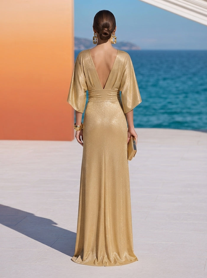 Mesh Sheath V Neck Maxi Formal Dresses with Wide Defined Waistband