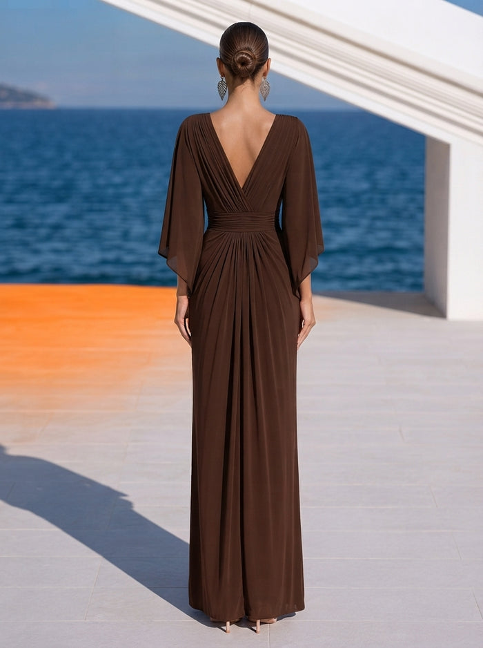 Chiffon Sheath V Neck Maxi Formal Dresses with Delicate Pleated