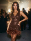 Sequins Sheath V Neck Mini Party Dresses with Natural Feather Fringe Hem