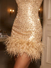 Sequins Sheath Square Neck Mini Party Dresses with Natural Feather Fringe Hem