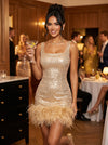 Sequins Sheath Square Neck Mini Party Dresses with Natural Feather Fringe Hem