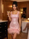 Sequins Sheath Square Neck Mini Party Dresses with Natural Feather Fringe Hem