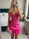 Jersey Sheath Spaghetti Straps Mini Party Dresses with Natural Feather Fringe Hem