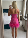 Jersey Sheath Spaghetti Straps Mini Party Dresses with Natural Feather Fringe Hem