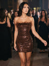 Sequins Bodycon Strapless Mini Party Dresses with Feathers