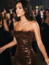 Sequins Bodycon Strapless Mini Party Dresses with Feathers