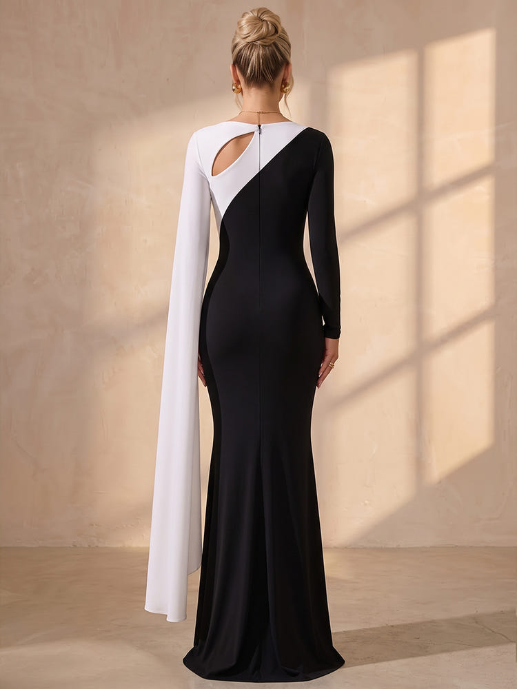 Jersey Mermaid Boat Neck Maxi Formal Dresses with Flowing Sash