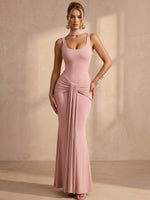 Chiffon Mermaid U-Neck Maxi Formal Dresses with Twisted Knot