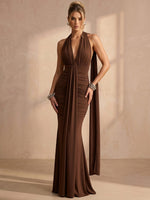 Chiffon Mermaid Halter Maxi Formal Dresses with Ruched