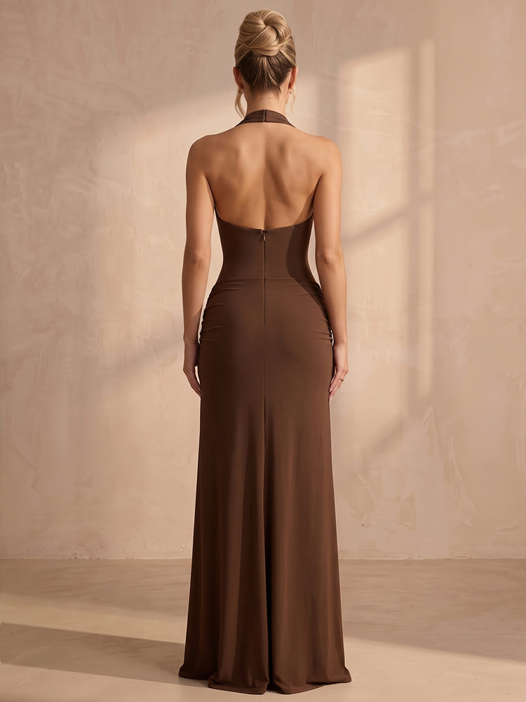 Chiffon A-Line Halter Maxi Formal Dresses with Twisted Knot