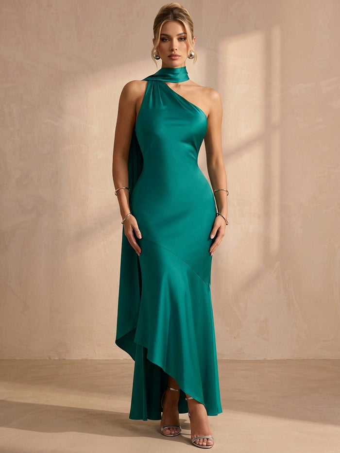 Satin Mermaid One Shoulder Maxi Formal Dresses with Scarf