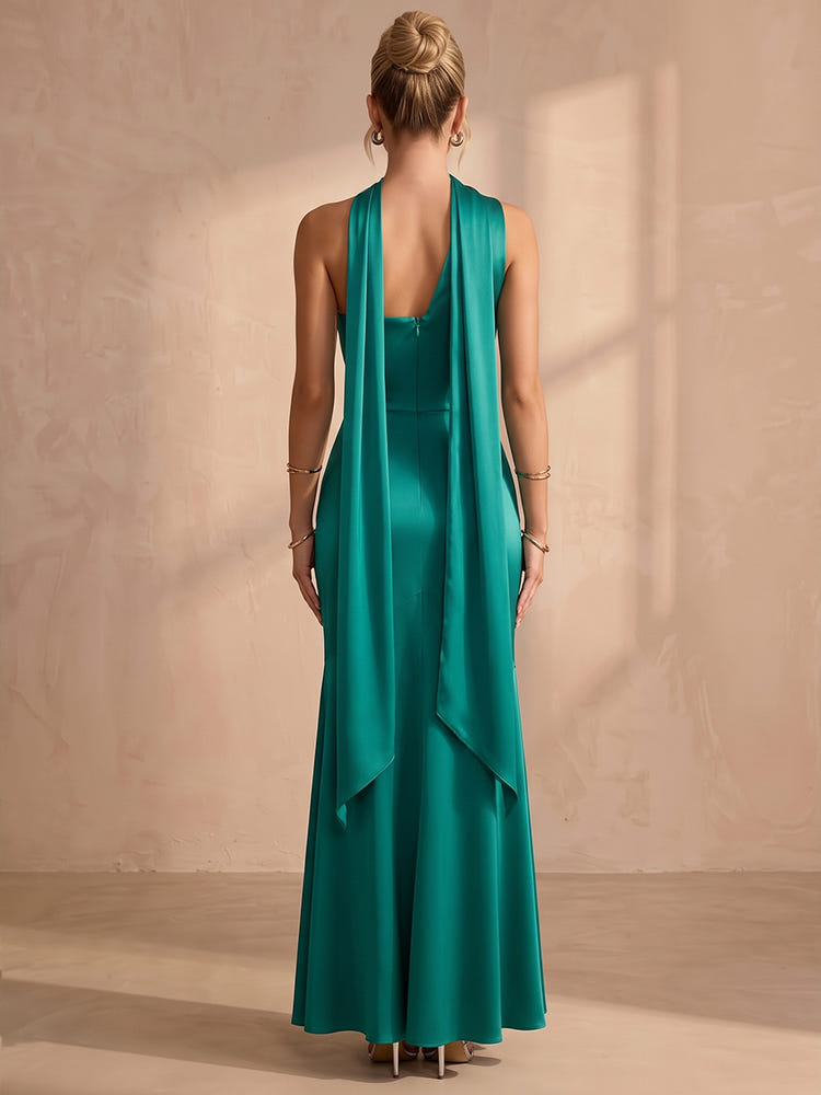 Satin Mermaid One Shoulder Maxi Formal Dresses with Scarf