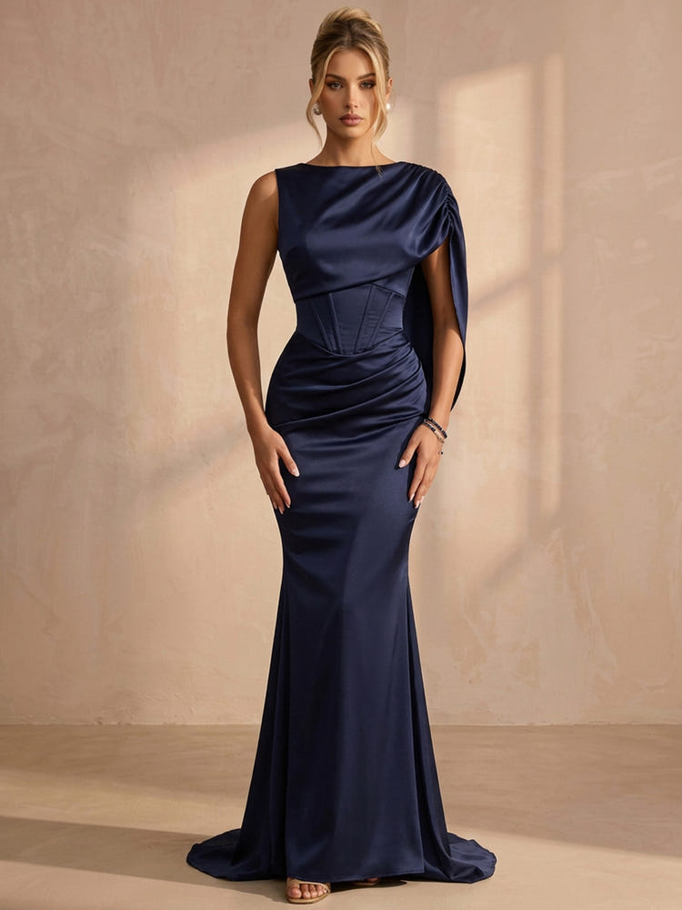 Satin Mermaid Boat Neck Maxi Formal Dresses with Corset Bodice