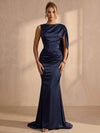 Satin Mermaid Boat Neck Maxi Formal Dresses with Corset Bodice