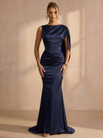Satin Mermaid Boat Neck Maxi Formal Dresses with Corset Bodice