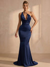 Satin Mermaid One Shoulder Maxi Formal Dresses with Deep Draped Cowl Front Bodice