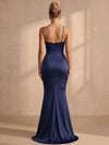 Satin Mermaid One Shoulder Maxi Formal Dresses with Deep Draped Cowl Front Bodice