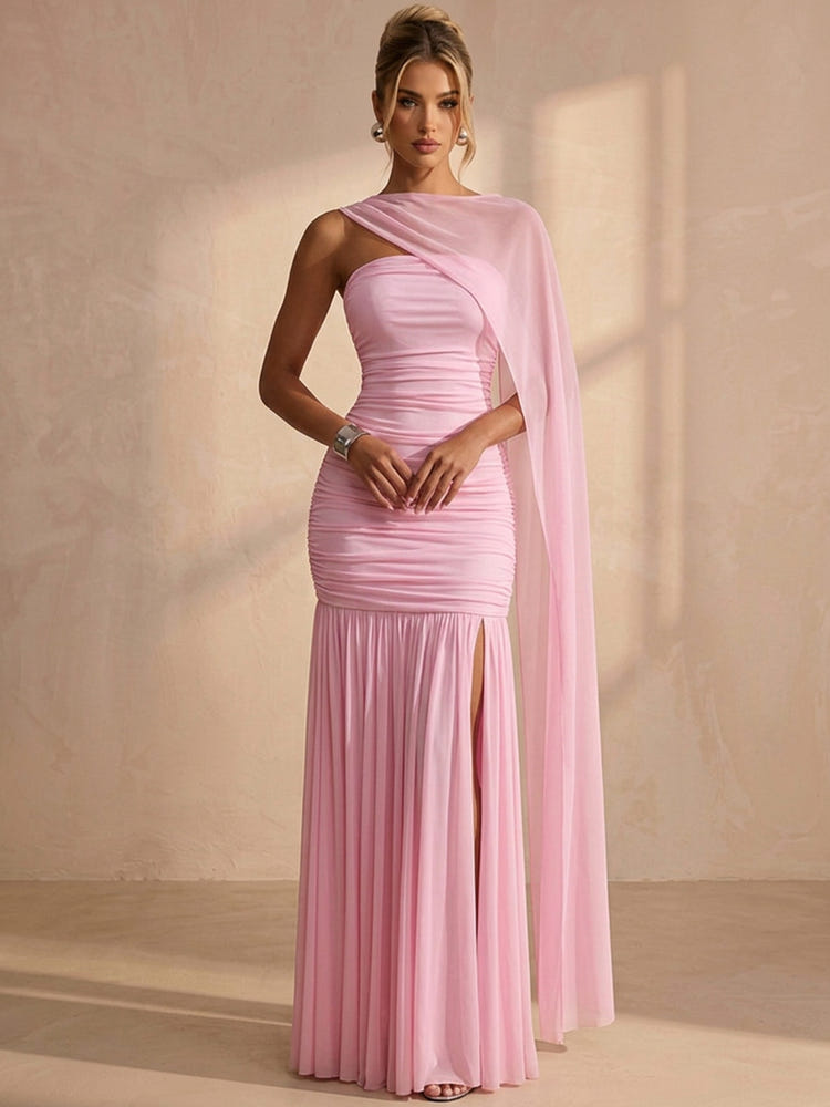 Chiffon Mermaid Strapless Maxi Formal Dresses with Sheer Chiffon Flowing Cape