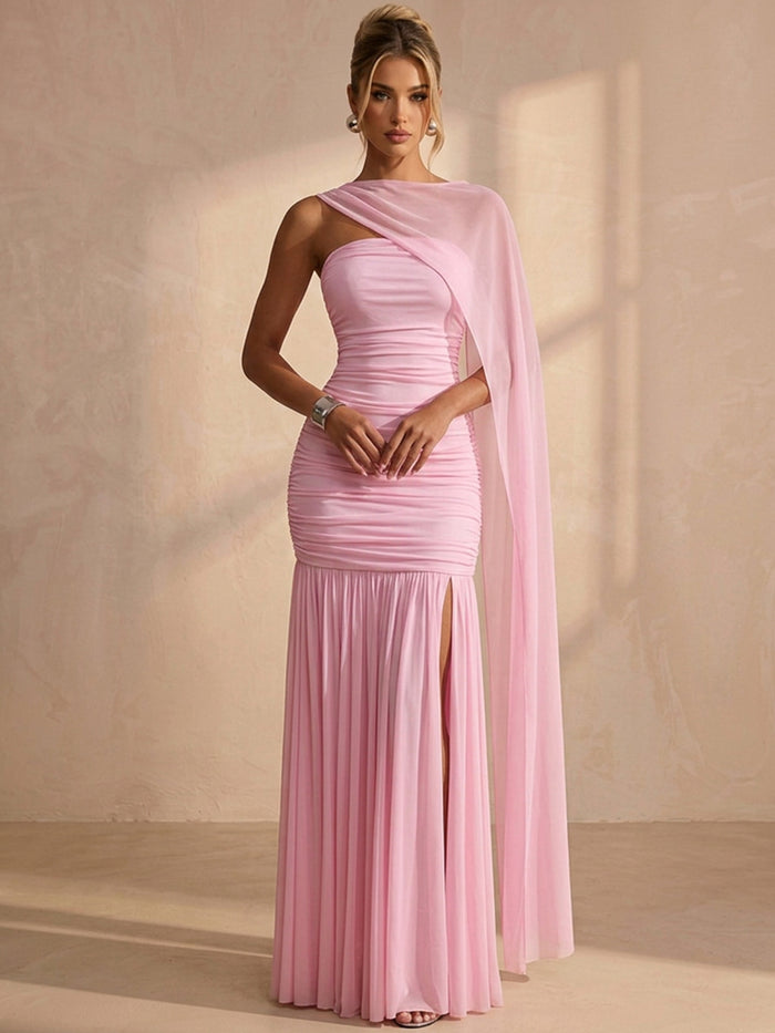 Chiffon Mermaid Strapless Maxi Formal Dresses with Sheer Chiffon Flowing Cape