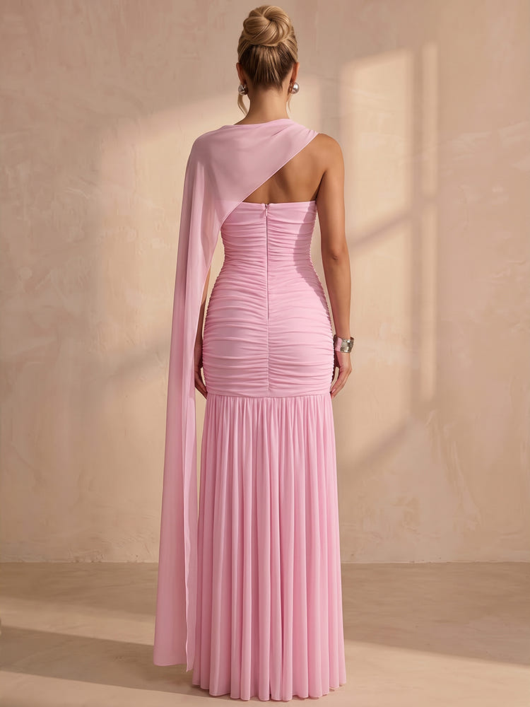 Chiffon Mermaid Strapless Maxi Formal Dresses with Sheer Chiffon Flowing Cape