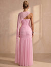 Chiffon Mermaid Strapless Maxi Formal Dresses with Sheer Chiffon Flowing Cape