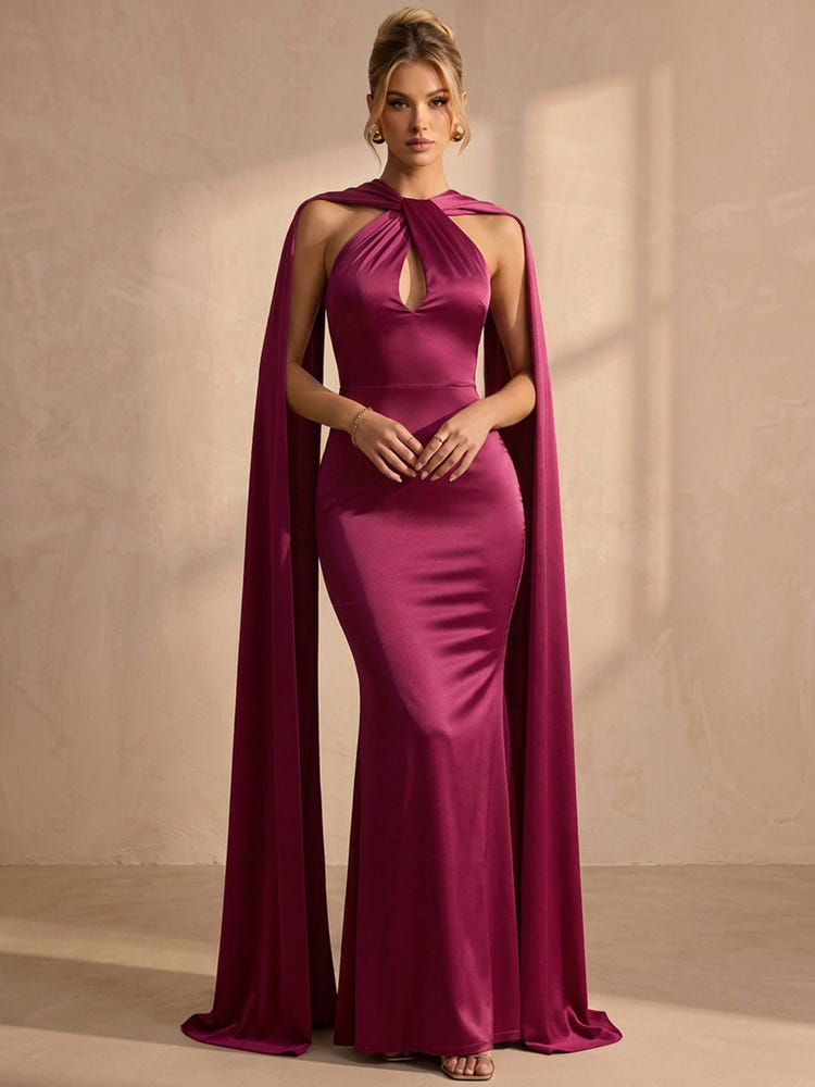 Satin Mermaid Halter Maxi Formal Dresses with Flowing Sash