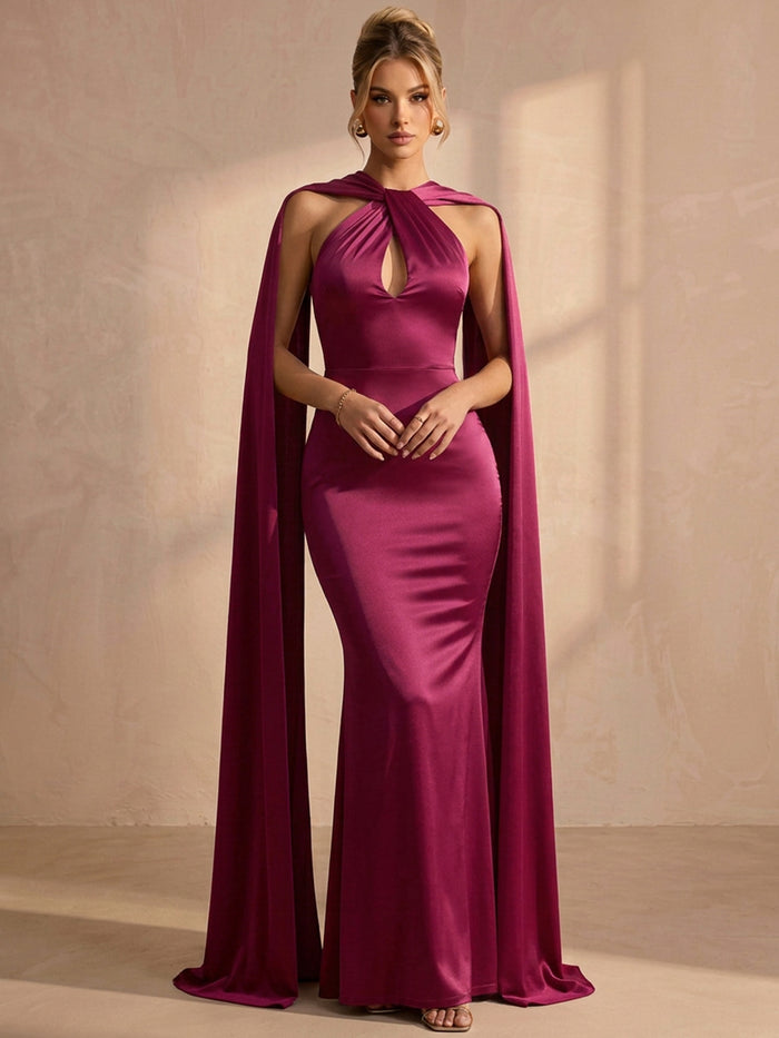 Satin Mermaid Halter Maxi Formal Dresses with Flowing Sash