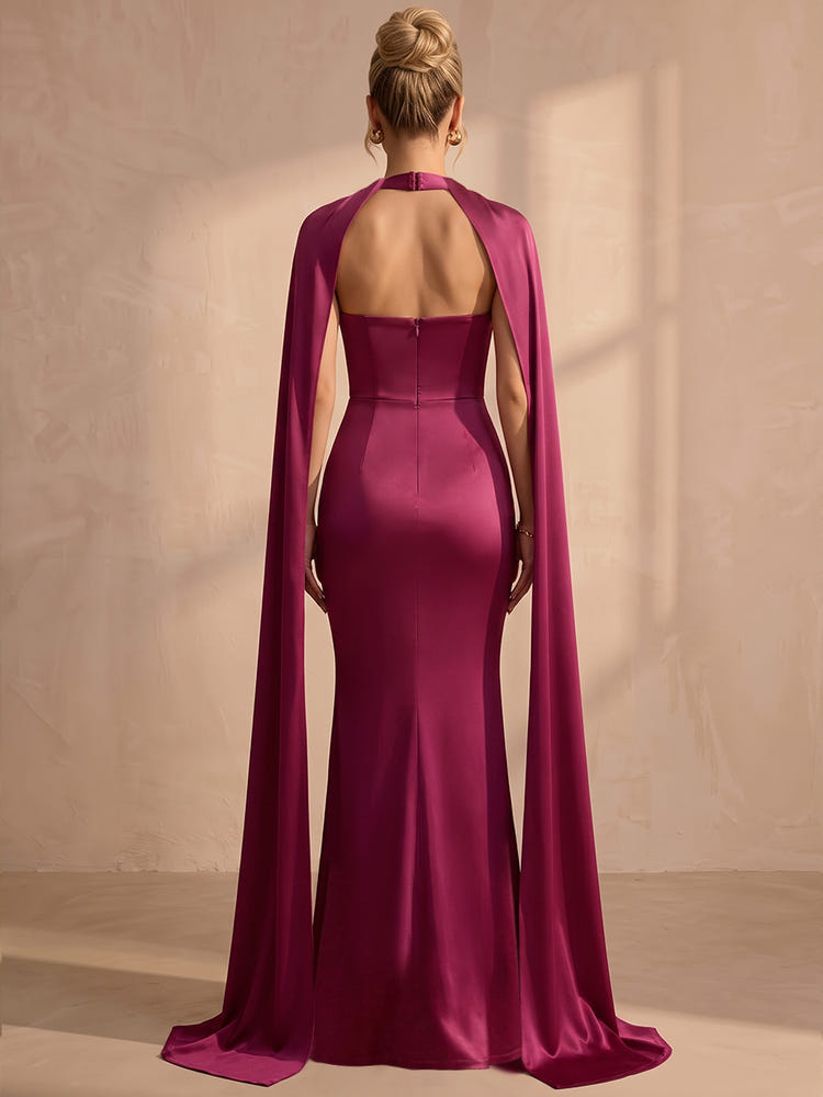 Satin Mermaid Halter Maxi Formal Dresses with Flowing Sash
